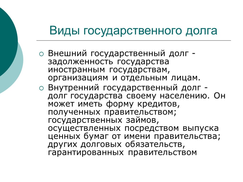 Виды государственного долга Внешний государственный долг - задолженность государства иностранным государствам, организациям и отдельным